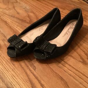De Blossom Collection Black Peep Toe Wedge with Sparkle Bow